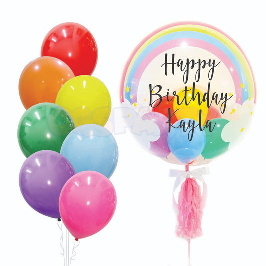 Customized Rainbow Bubble with 7 Pc Side Balloon Bouquet Package