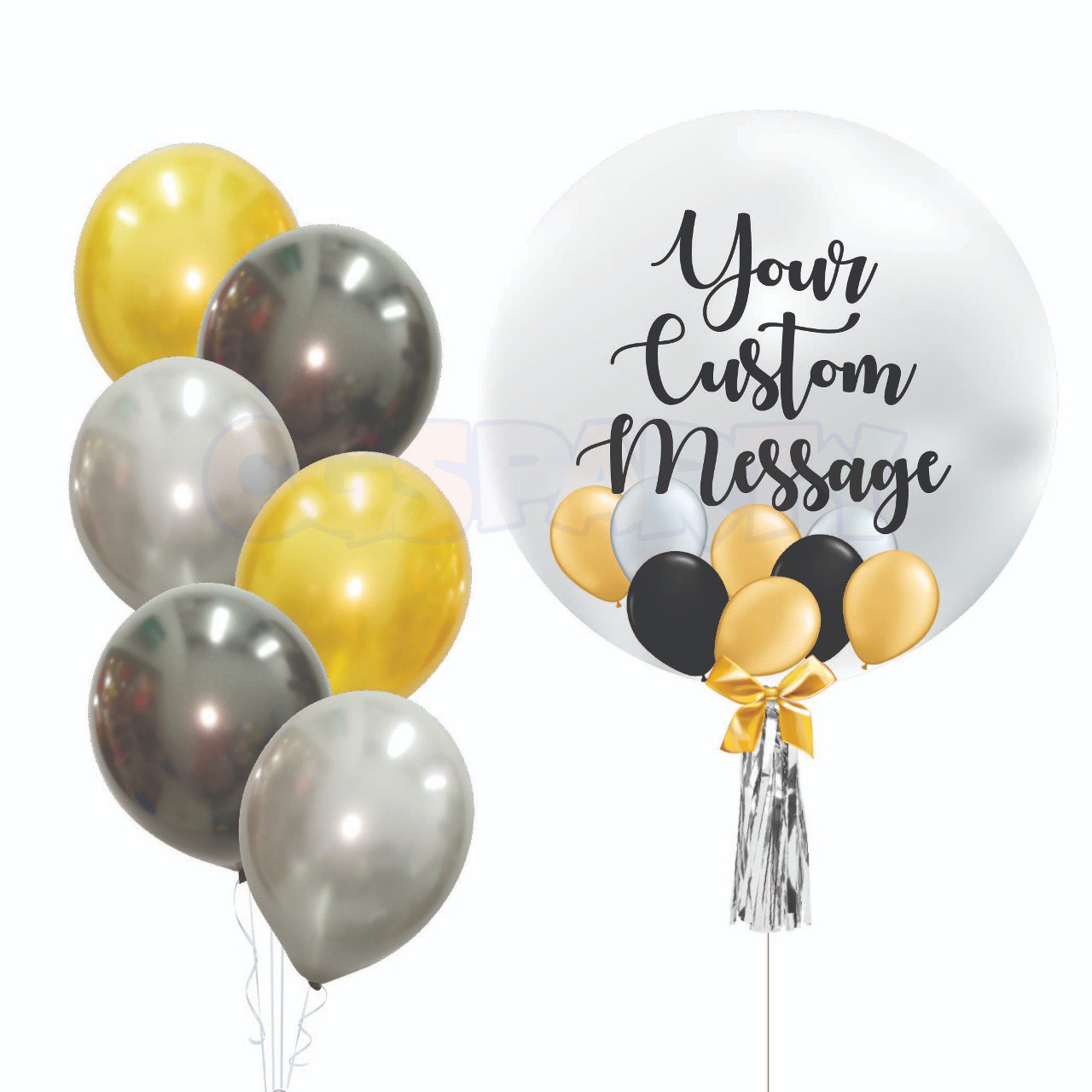 Customized Black Gold Themed Bubble with 6 Pc Side Balloon Bouquet Package