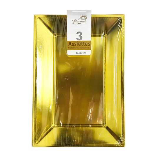 33x23 CM Rectangle Plastic Plates (3 PCS) (Gold)