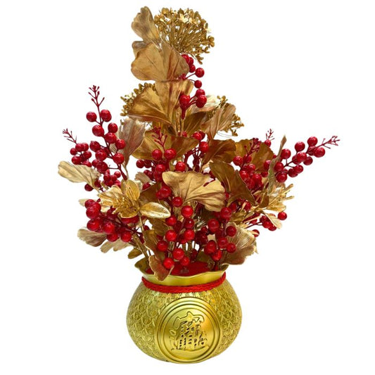 CNY 50cm Berries and Gold Plants Money Bag Pot Set (245-Gold Flower)