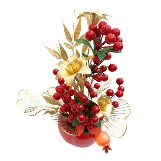 CNY Red Berries Gold Flower Orange Pot JS-26181