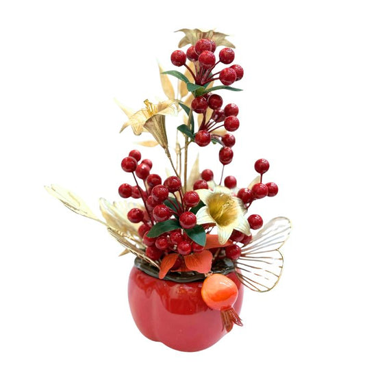 CNY Red Berries Gold Flower Orange Pot JS-26181