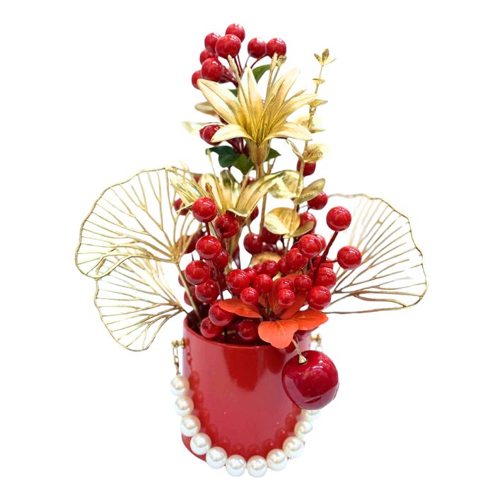 CNY Red Berries Gold Flower Pearl Pot JS-26180