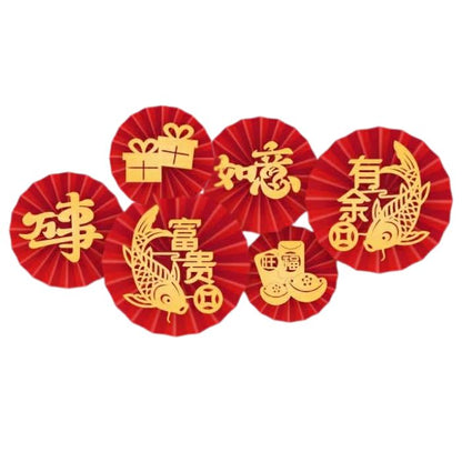 CNY 6pc Red Paper Fan Set