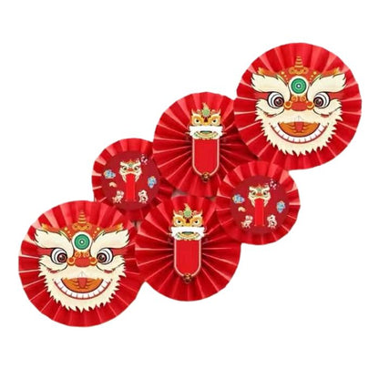 CNY 6pc Red Paper Fan Set