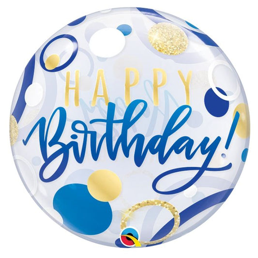 22 Inch Happy Birthday Blue Gold Dots Bubbles Balloon Q87748