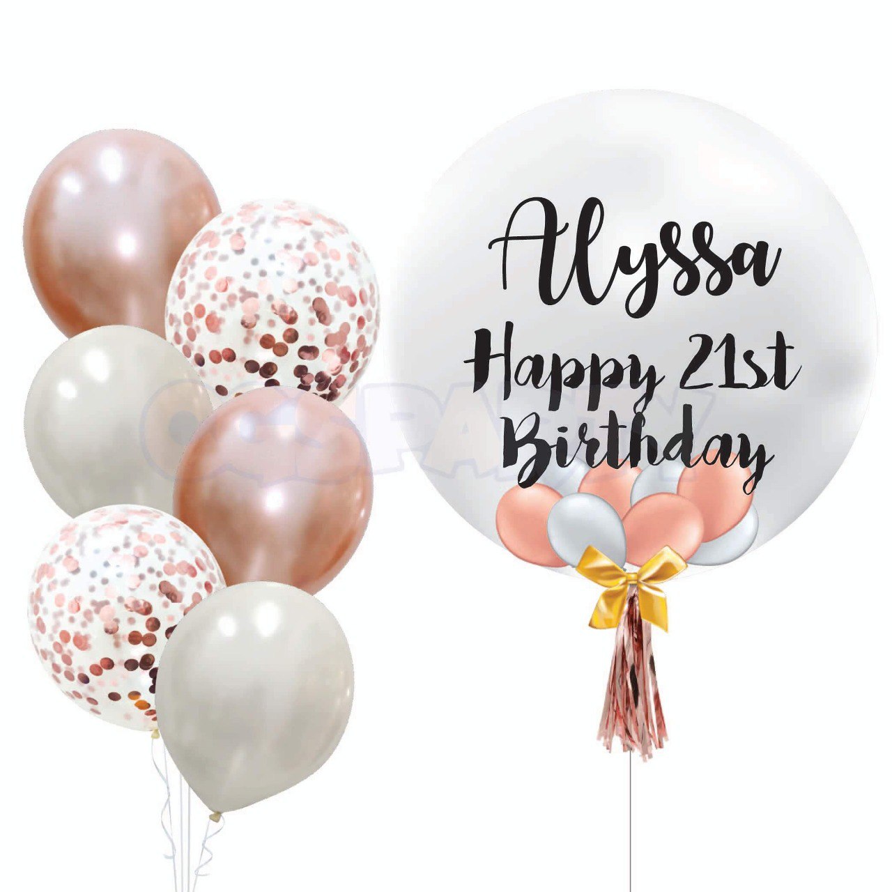 Customized Rose Gold Confetti Bubble with 6 Pc Side Balloon Bouquet Package